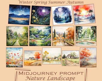 Midjourney Prompt Design Landscape Seasons Day Night Forest Park Desert Watercolor Digital Art printable