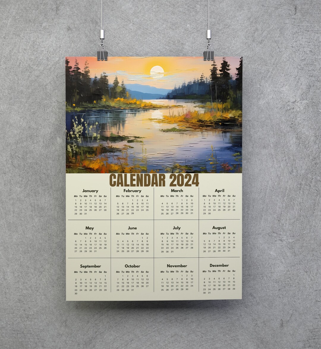 Wall Art Calendar Monthly Calendar 2024 Oil Sunrise Landscape Etsy