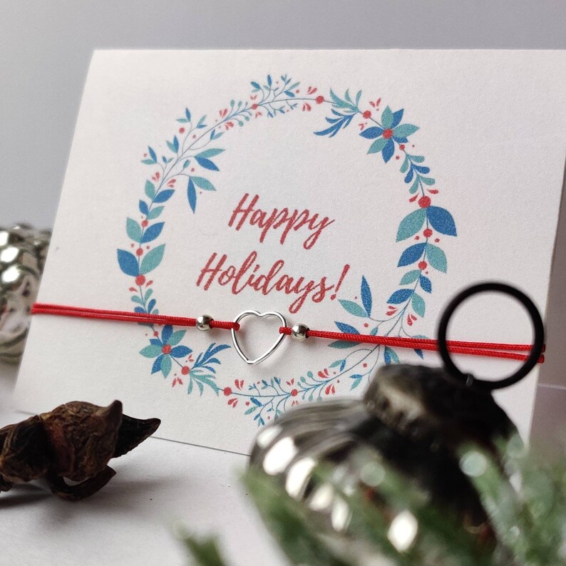 Lucky red cord Tiny silver heart charm Christmas gift for her Friendship bracelet Tiny little heart on holiday card Adjustable bracelet