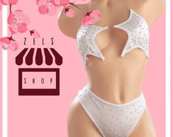 Exotic Dancewear: 2pc Rhinestone High Waist Bikini Short Star Top w Clear Elastic for Ravers, Stripper, Beachwear, Dance Wear