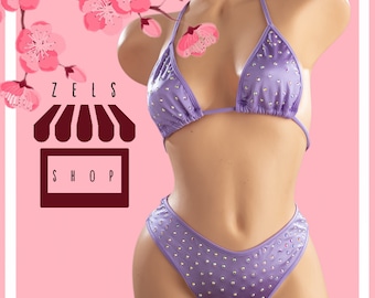 Exotic Dancewear: 2pc Rhinestone High Waist Bikini Short For Ravers, Strippers, Dance Wear Outfits