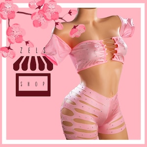 Pink Rhinestone Dancewear Outfit: Lycra Rave Set