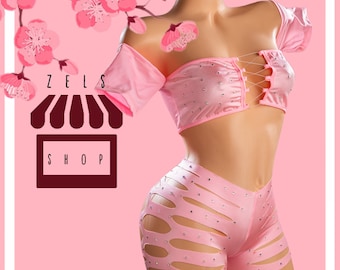 Exotic Dancewear 2pc Pink Rhinestones Short Sleeve Front Open Blouse Slice Short Raver Stripper Dance Wear Outfits