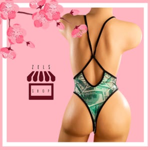 Exotic Dancewear 1pc Shiny Money Print Bodysuit  Stripper Outfits Stripper clothes w Matching Thong