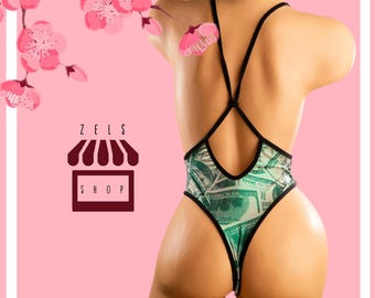 Exotic Dancewear 1pc Shiny Money Print Bodysuit  Stripper Outfits Stripper clothes w Matching Thong