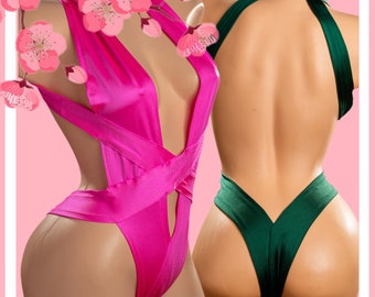 Exotic Dancewear One Piece Front Cross Band Monokini for Stripper, Ravers, Beach Wear