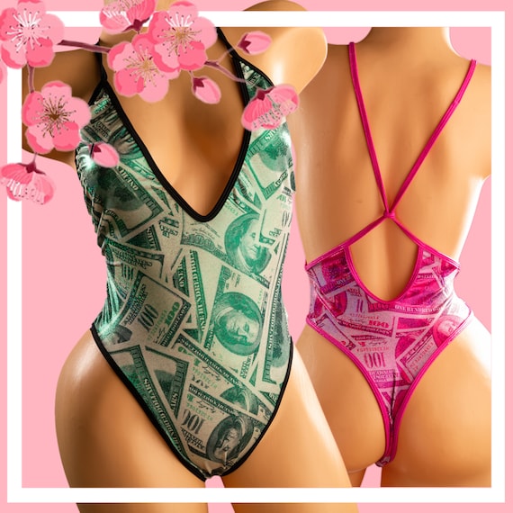Exotic Dancewear 1pc Shiny Money Print Bodysuit Stripper Outfits