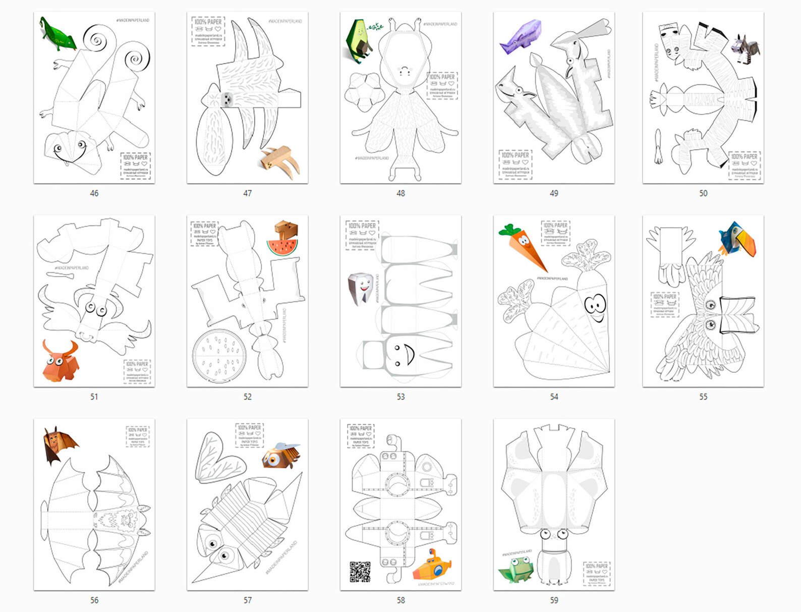 Set of 50 Printable Paper Toys Templates for Colouring DIY Etsy