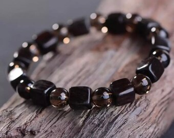 Black Sandalwood and Smoky Quartz Bracelet | Stretch String | 8mm smoky beads square cut sandalwood | 17cm +