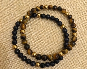 Tiger Eye, Black Blue Sandstone Beads Bracelet for Men Women Natural Stone Beads Bracelet