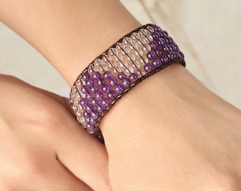 Natural Stone Wrap Bracelet, 4mm Crystal Beads Macrame, Crystal Pairs, Red Agate | Amethyst| Lapis| Black Onyx, Medium-Large Bracelet