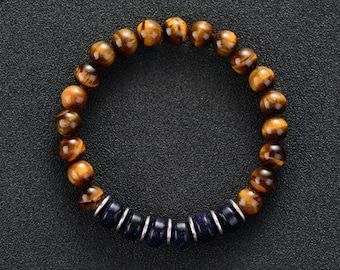 TIGER EYE Blue Sandstone Bracelet, Stretch Beaded Bracelet, Natural Stone Beaded Bracelet, Mens Beaded Bracelet