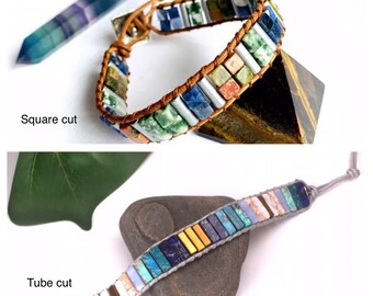 Mix Gemstones Wrap Bracelet, Tube Beaded Multi Colour Wrap Bracelet, Leather Wrap Bracelet, Blue Green Gemstone Wrap Bracelet