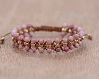 RHODONITE Stone Beads  Macrame  Bracelet, Wrap Bracelet, Weave Bracelet