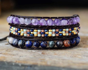 In Harmony-AMETHYST LAPIS Lazuli Beaded Wrap Bracelet, Gemstone Crystal Leather Wrap Bracelet, 3 Layers Gemstone Bracelet