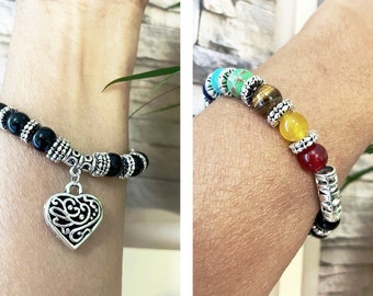 Chakra  Beads Bracelet adorned with antique-inspired heart charm pendant