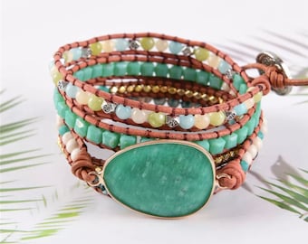 GREEN AGATE Beaded Wrap Bracelet,  Leather Wrap Natural Gemstone, 5 Layers Wrap Gemstone Bracelet, Boho- Chic Bracelet