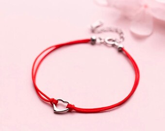 Flore' Dainty Sterling Silver Heart Lucky Red Rope Bracelet, Red String Thread Charm Bracelet, Love and Friendship, For Teens Ladies Friends