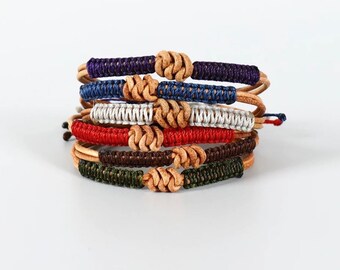 Leather Waterproof Wax Thread Rope Bracelet, Woven Macrame Bracelet for Men Women