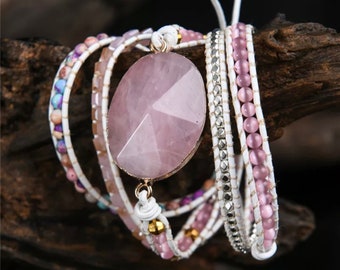 ROSE QUARTZ Beaded Wrap Bracelet, 5 Layers Wrap Bracelet, Beads Wrap Bracelet, 5 Layers Mix Gemstone Wrap Bracelet