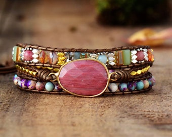 Compassionate Rhodochrosite Wrap Bracelet, Jasper Mix Gemstone, Statement Bracelet, 3 Layers Wrap Bracelet