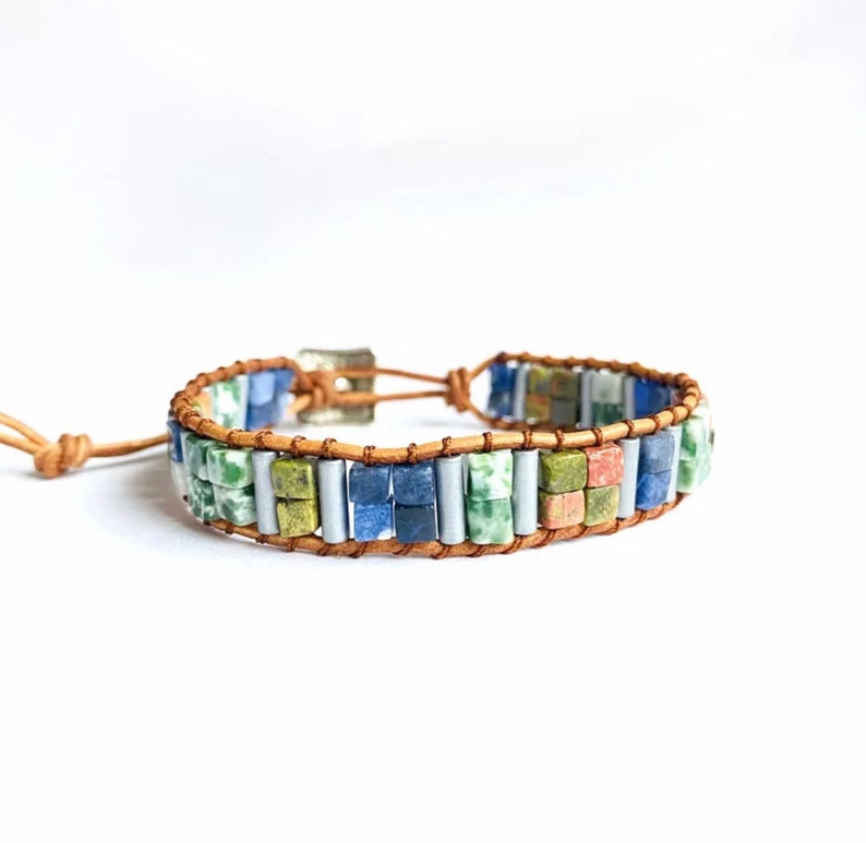 Mix Gemstones Wrap Bracelet, Tube Beaded Multi Colour Wrap Bracelet, Leather Wrap Bracelet, Blue Green Gemstone Wrap Bracelet image 5