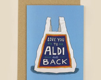 Love You to The Supermarket & Back Greeting Card | Moon and Back, funny valentine, funny relationship, funny love, British supermarket