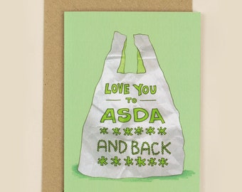 Love You to The Supermarket & Back Greeting Card | Moon and Back, funny valentine, funny relationship, funny love, British supermarket