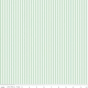 May include: A fabric with a vertical stripe pattern in light green and white. The stripes are evenly spaced and run the length of the fabric. The fabric is measured in inches.