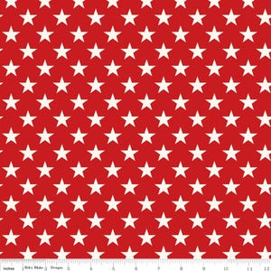 May include: Red fabric with a white star pattern. The stars are evenly spaced and cover the entire surface of the fabric.