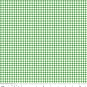 May include: Green and white gingham fabric. The fabric features a classic checkered pattern, with evenly spaced squares of green and white. The pattern is consistent across the entire surface, creating a clean and simple design. The fabric is suitable for various sewing and crafting projects.