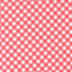 May include: A pink and white gingham fabric with a diagonal pattern.