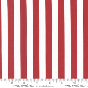 May include: Red and white striped fabric with a repeating pattern. The fabric is measured in inches.