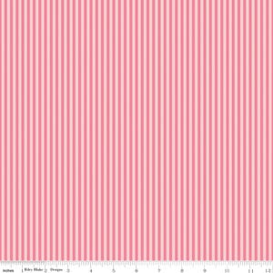May include: Pink and light pink striped fabric. The vertical stripes are evenly spaced and run the length of the fabric. The fabric is marked with a ruler in inches.
