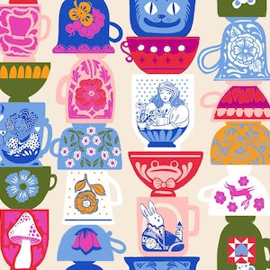 May include: A whimsical pattern of stacked teacups and bowls in various colors. The designs include floral patterns, a cat face, a rabbit, and a woman. The color palette is bright and playful, with pink, blue, green, and red hues.