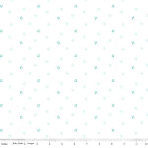 May include: White fabric with a repeating pattern of small teal blue butterflies.