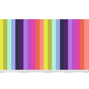 May include: A fabric with vertical stripes in various colors, including yellow, green, blue, purple, pink, and coral. A ruler is at the bottom of the fabric. The fabric is likely used for sewing or crafting projects.