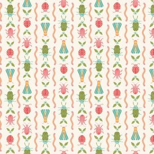 May include: A repeating pattern of colorful insects and worms on a cream background. The insects are in shades of pink, green, and blue, with detailed wings and bodies. The worms are a light brown, and the pattern includes small floral accents.