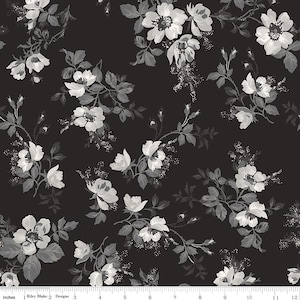 May include: Black and white floral fabric featuring a repeating pattern of stylized roses and foliage. The flowers are in shades of white and gray, with dark gray leaves and stems against a black background. The fabric is from Riley Blake Designs.