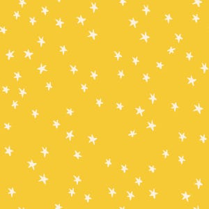 May include: A seamless pattern featuring small, off-white stars scattered across a bright yellow background. The stars are simple in design, with five points, and are evenly spaced, creating a playful and cheerful aesthetic. The color palette is warm and inviting.