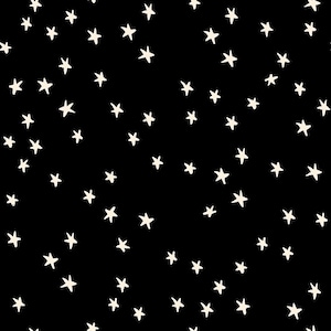 May include: A seamless pattern featuring small, hand-drawn off-white stars scattered across a solid black background. The stars vary slightly in size and orientation, creating a dense, repeating celestial motif across the entire surface area.
