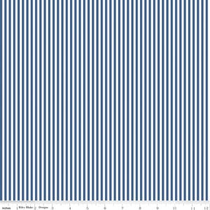 May include: A fabric with a repeating pattern of vertical navy blue stripes on a white background. The stripes are evenly spaced and run the full length of the fabric. The fabric is measured in inches.