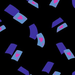 May include: A repeating pattern of playing cards and abstract shapes on a black background. The cards are light blue with a pink heart symbol. The abstract shapes are dark blue.