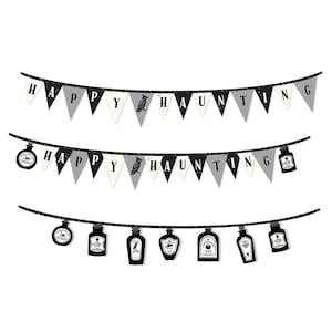 May include: Black and white Halloween banner with the text "Happy Haunting" and black and white potion bottle decorations.