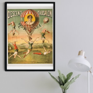 Gerahmter Druck Heißluftballon Zirkus Poster, Vintage Ballon Kunstdruck, Vintage Zirkus Trapez