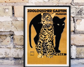 Framed Antique Advertising Print, 'Zoologischer Garten Munchen' illustrated vintage poster, 1900's vintage advertising sign Germany Zoo