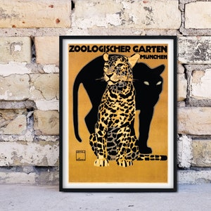 Impresión publicitaria antigua enmarcada, cartel vintage ilustrado 'Zoologischer Garten Munchen', cartel publicitario vintage de 1900 Zoológico de Alemania