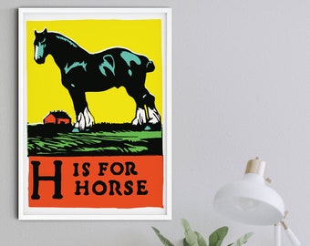 Ingelijste paardenprint, H is voor paardenalfabetprint, dierenalfabet letter H print, ABC geïllustreerd alfabet paard Wall Art Nursery Decor