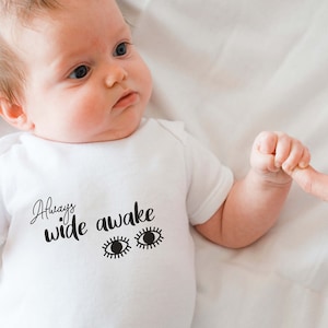 Always Wide Awake Baby Grow bodysuit for newborn, Funny Cute Babygrow vest, New baby announcement funny Baby Shower Gifts for new parents