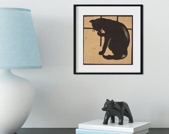 Framed Black Cat illustration print - Square Vintage Childrens cat wall art print, cat gift print, black cat print, black cat art